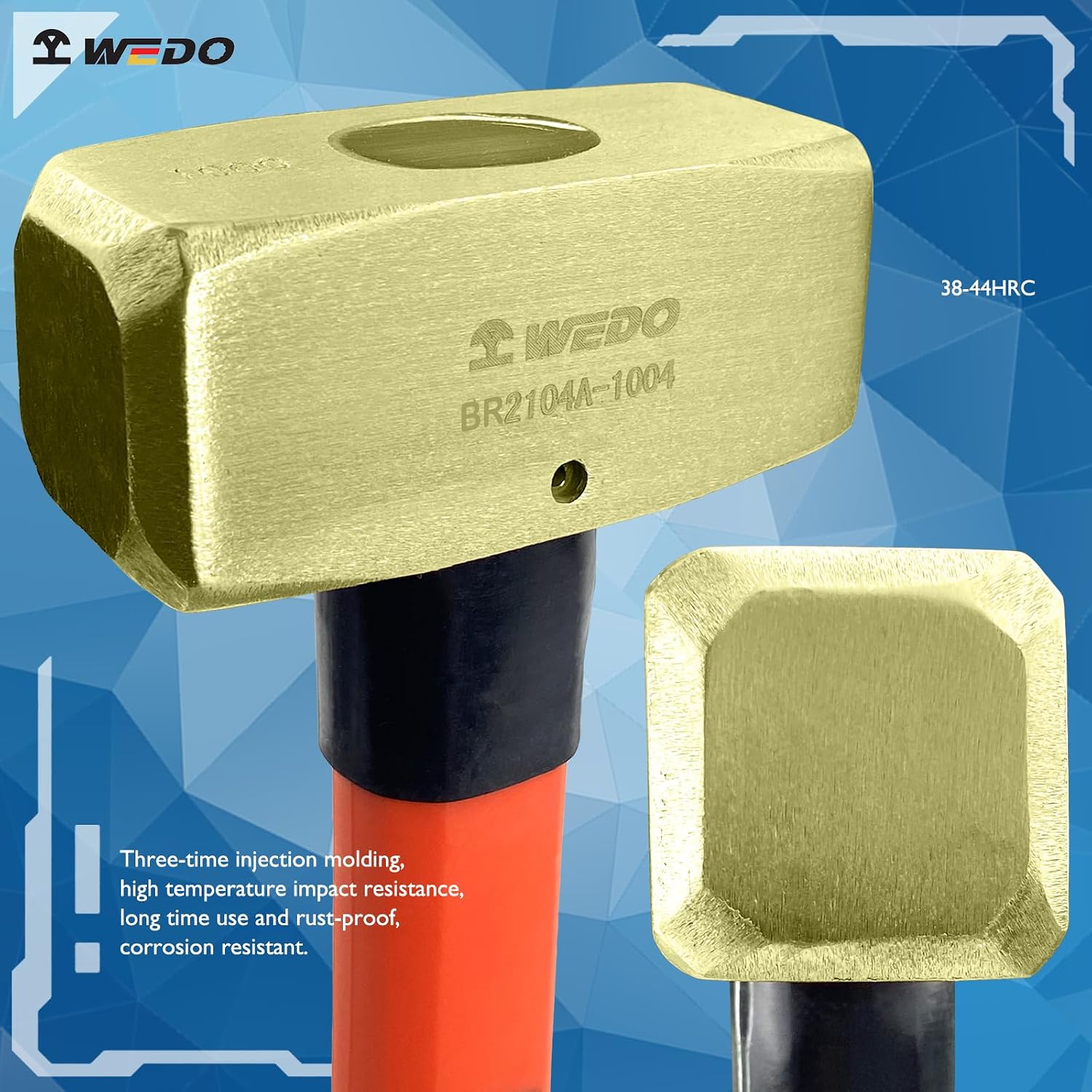 WEDO 2PCS Sledge Hammer,1lb+2lb,500g+1000g Brass Head,Shock Absorption Fiberglass Handle, Brass Hammer Set German Type,One-time Die-forged,Corrosion Resistant, DIN Standard