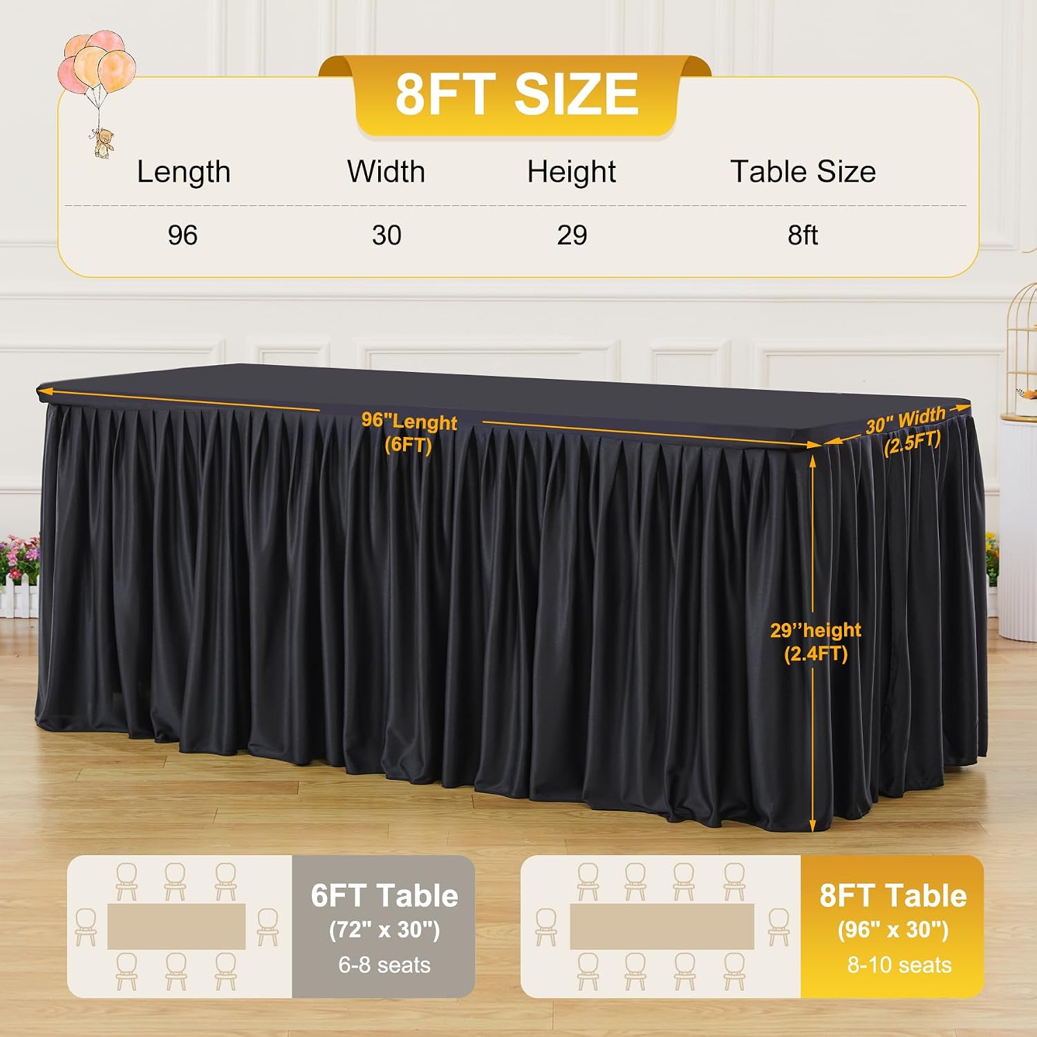 6 Packs Black Tableclothes for 8 Foot Rectangle Tables, Wrinkle Free Fitted Table Cloth 8ft Stretch Table Cover with Skirt for Parties Weddings Birthday Banquet Baby Shower