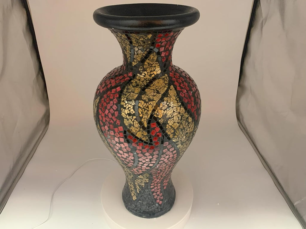 Floor Vase, 24 Inch Mosaic Vase – Tall Cylinder Made of Terracotta with Red, Gold and Black Glass Mosaic Pieces – Handcrafted Decorative Home Décor Accent Piece for Bedroom, Living Room, Office