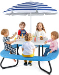 HONEY JOY Kids Picnic Table, 8 Person Toddler Outdoor Table and Chair Set, 4 Built-in Benches, Removable Umbrella, Metal Frame & HDPE Top, Children Outdoor Furniture for Backyard Patio Garden (Blue)