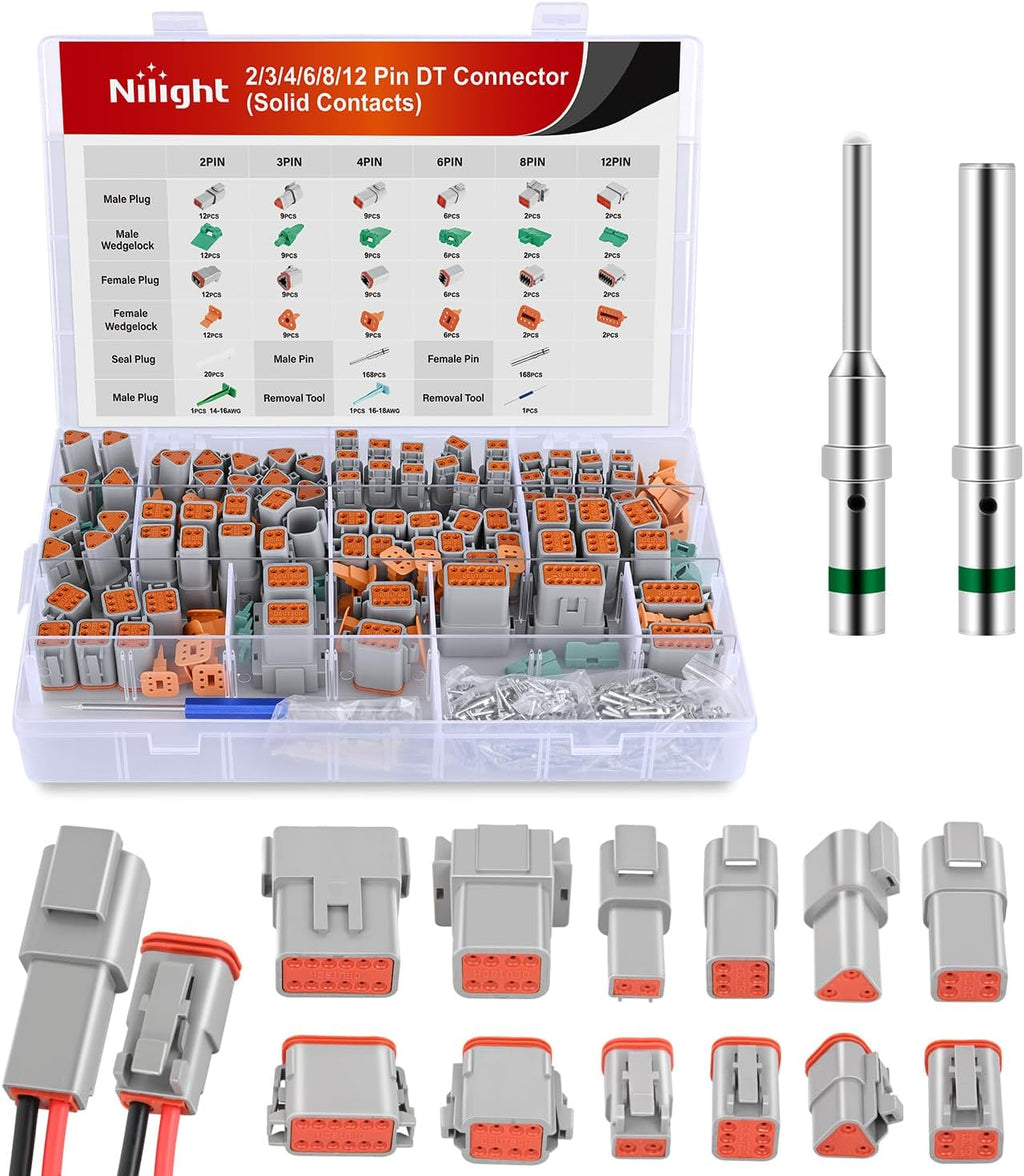 Nilight 2 3 4 6 8 12 PIN DT Connector Kit 40 Sets Size 16 Solid Contacts Waterproof for 14-20 AWG Wires DT Series w/Removal Tool for Car Truck Motorcycle Off-Road Vehicles Boat
