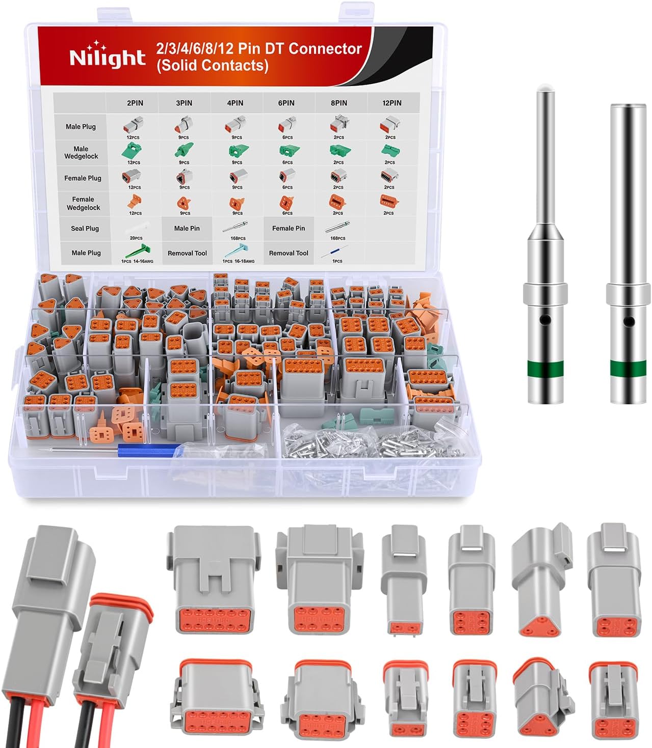 Nilight 2 3 4 6 8 12 PIN DT Connector Kit 40 Sets Size 16 Solid Contacts Waterproof for 14-20 AWG Wires DT Series w/Removal Tool for Car Truck Motorcycle Off-Road Vehicles Boat