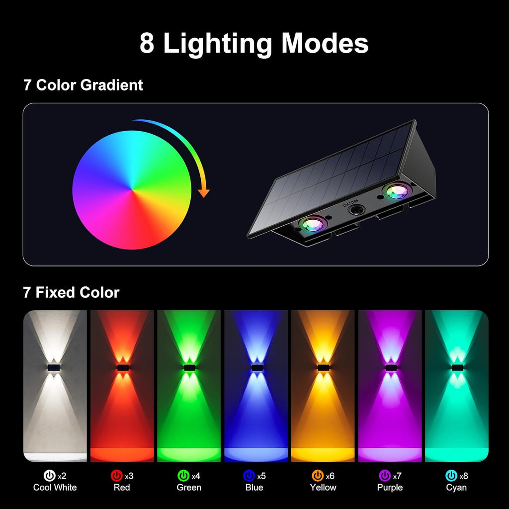 12 Pack RGB Solar Up and Down Wall Lights Outdoor Decorative Fence LED Waterproof Lamps for Deck, Patio, Porch, House, Garden, Pool Cage, Dynamic Color Changing Lights for Festive Atmosphere Building