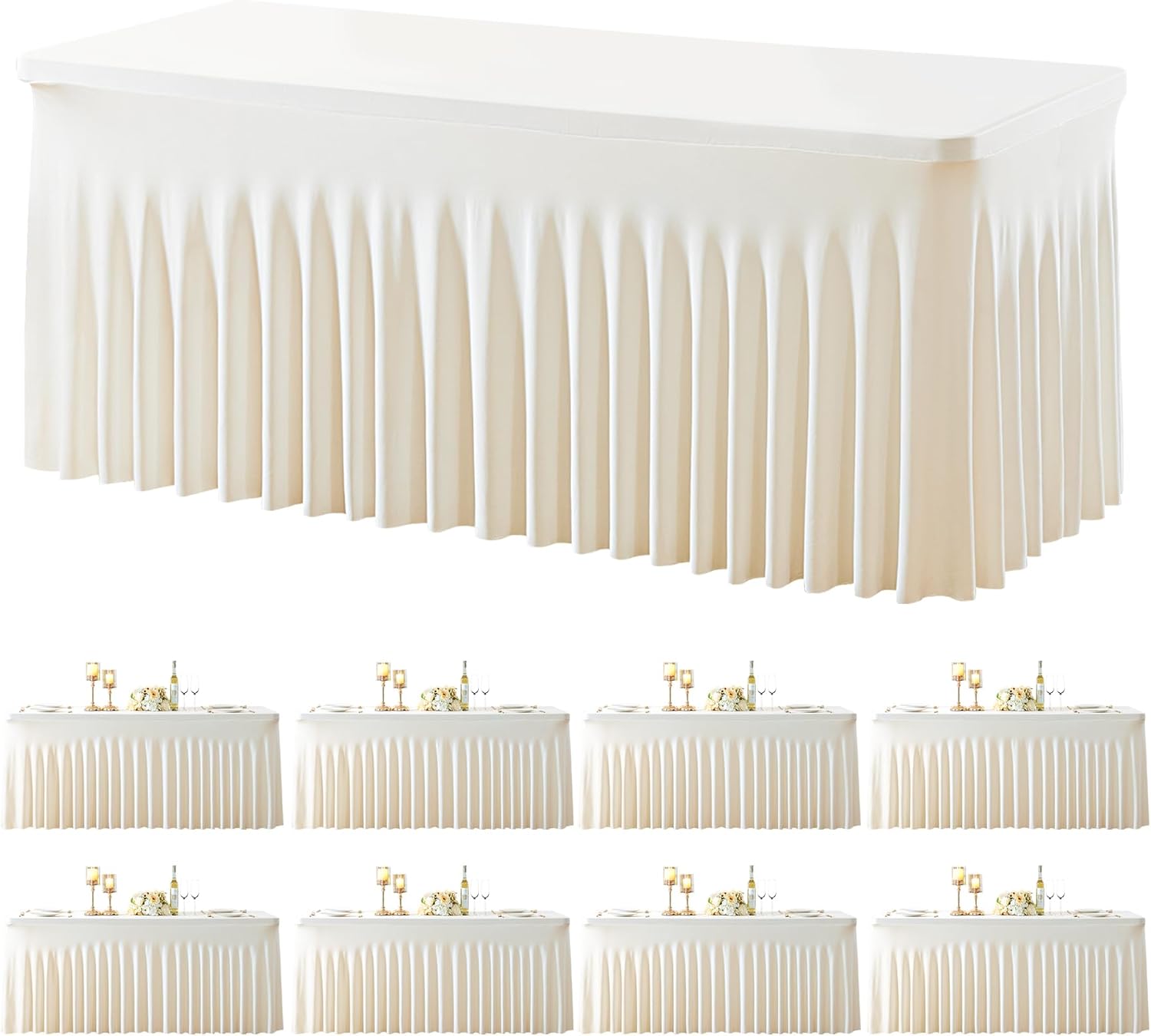 Besutolife 8 Pack Ivory Spandex Tablecloth for 6ft Rectangle Tables Fitted Table Cloth Stretch Table Covers Skirt 6ft Rectangular Tablecloths for Banquet Parties Wedding Decorations