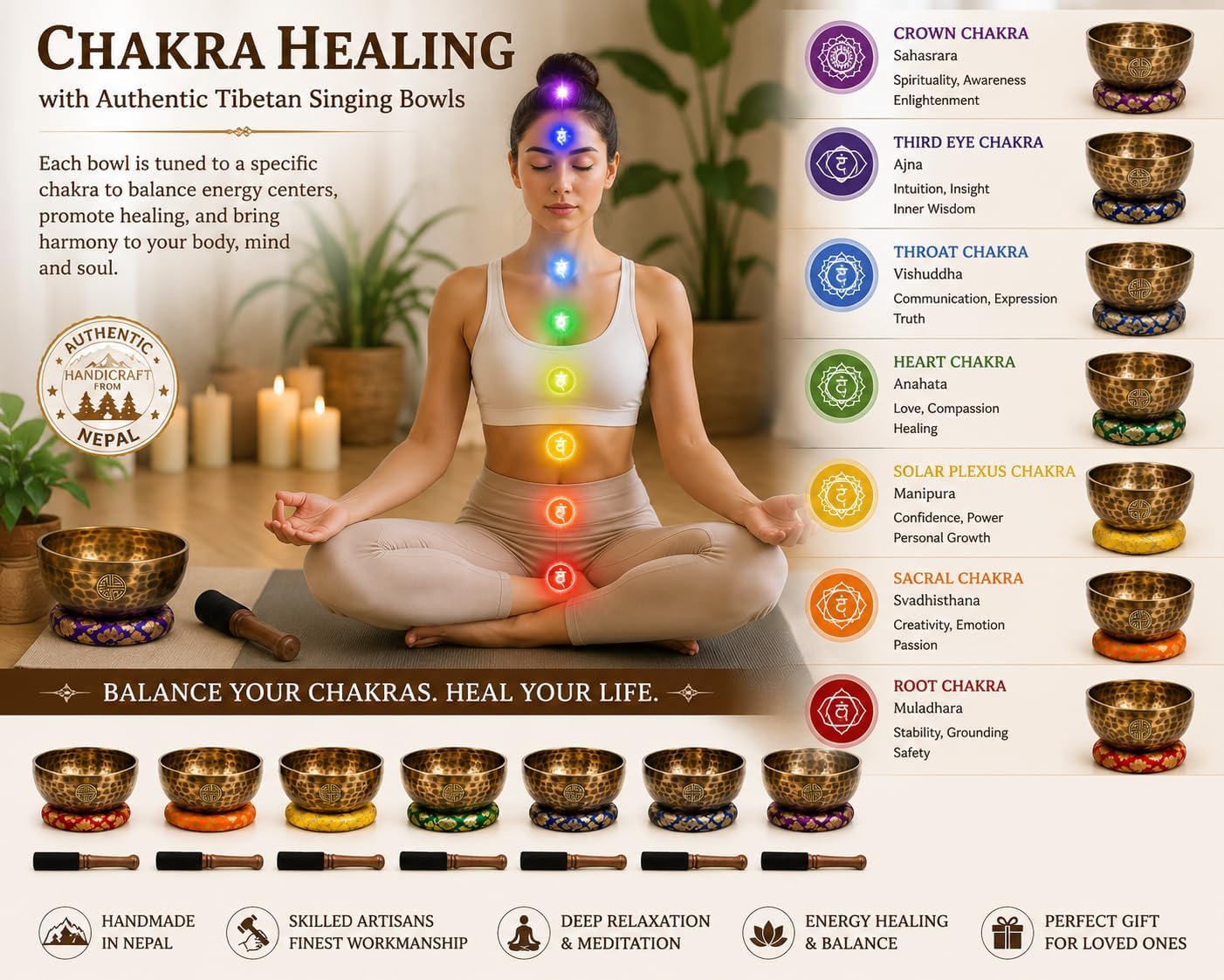 Chakra Healing Tibetan Singing Bowl - Set of 7 - Hand Hammered Tibetan Meditation Singing Bowl Nepal