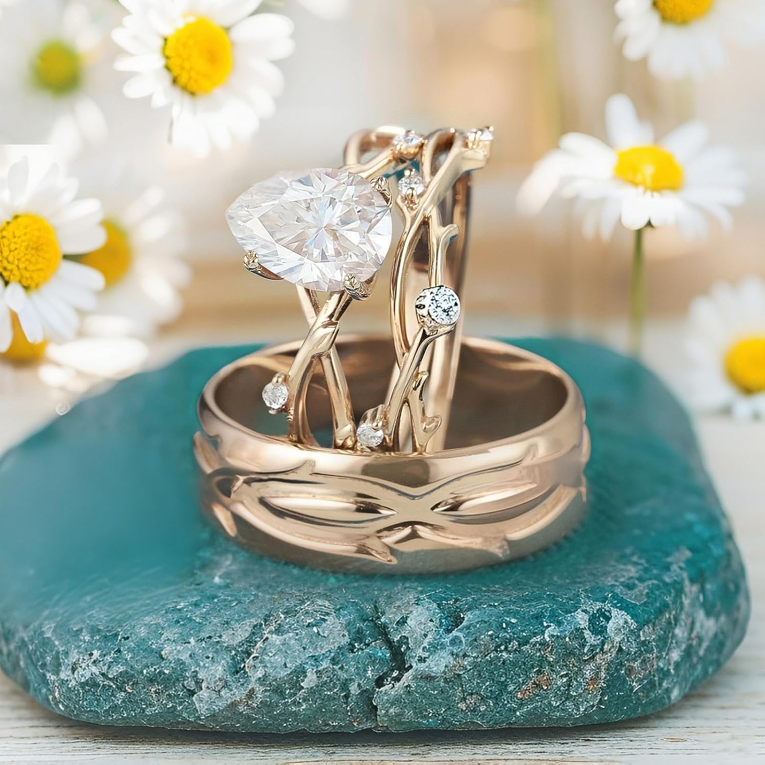 SISGEM Moissanite Couple Rings Set, 10K 14K 18K Solid Gold Moissanite Wedding Rings for Him And Her, Vintage Leaf/Branch Wedding Bands Matching Couple Rings Anniversary Jewelry Gift for Women And Men
