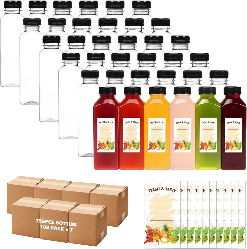 BAKHUK 756pcs 16oz Empty Plastic Juice Bottles with Caps, Plastic Water Bottles with lids, Reusable Clear Bulk Beverage Containers for Juice, Milk and Other Beverages