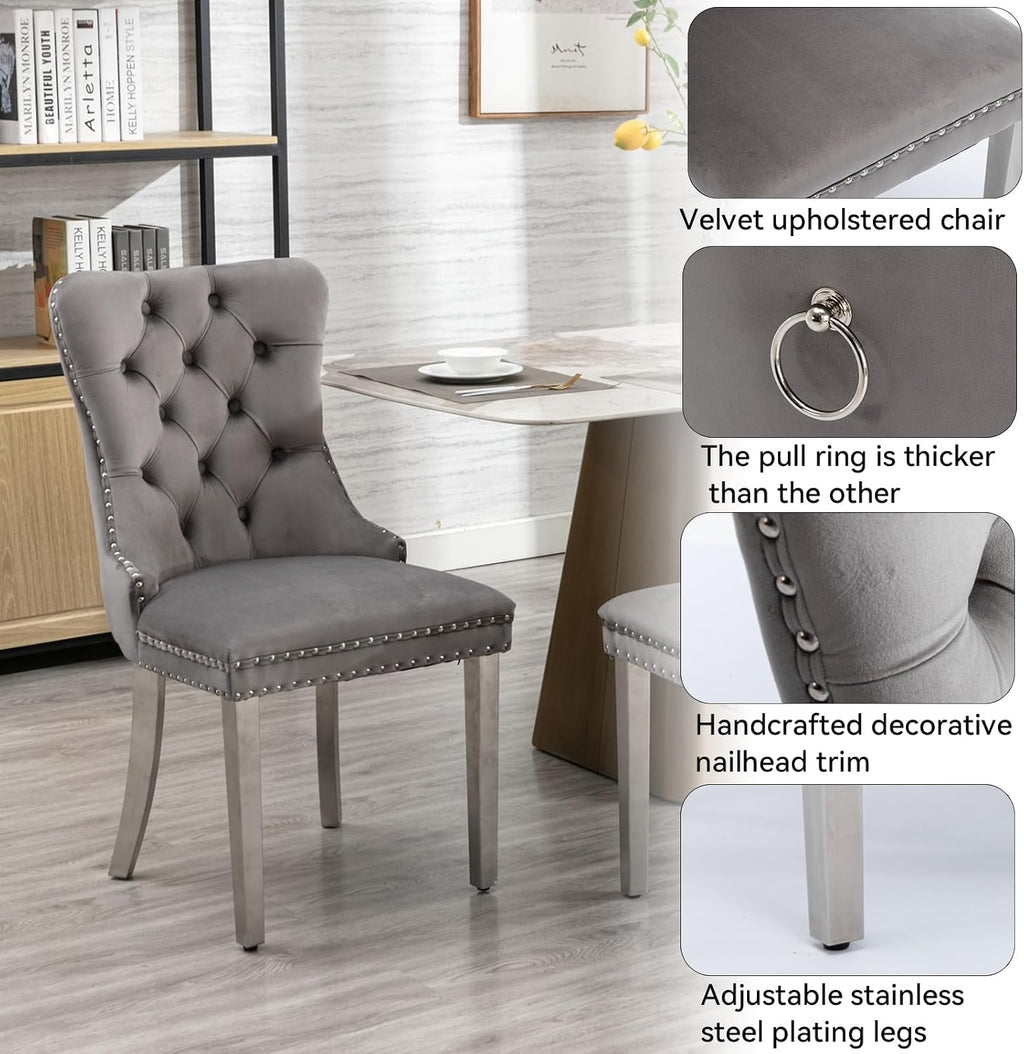 7 Pieces 47'-63' White Faux Marble Extendable Dining Table Set, Round Expanding Kitchen and Dining Room Table Set for 6 with Mirrored Acrylic Base & Grey Velvet Upholstered Chairs
