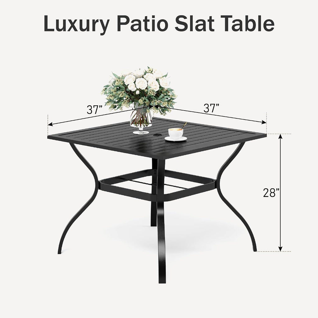 PHI VILLA 37 Inch Outdoor Dining Table Metal Steel Slat Square Patio Dining Table with 1.57' Umbrella Hole for Garden, Backyard and Porch (Classic Black)