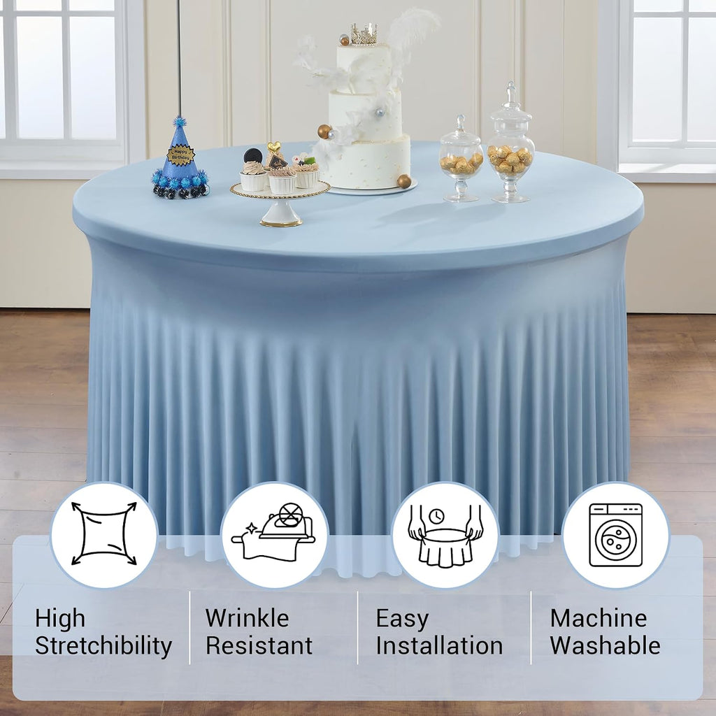 Outpain 6 Pack Dusty Blue Spandex Tablecloth for 60in/5FT Round Tables,Stretchy 120inch Fitted Round Table Cloths, Wrinkle Free Tablecloth with Skirt for Wedding, Graduation & Banquet