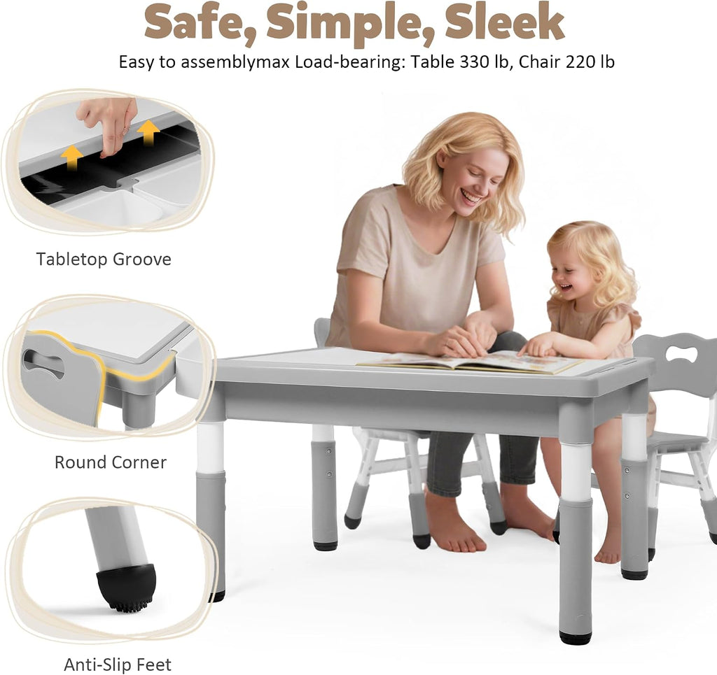 Kids Table and Chairs Set Large Storage, Height Adjustable Toddler Activity Table and 2 Chairs Set, 34.6x24.8' Graffiti/Block Building Desktop, 4 Side Boxes, Kids desk for Home, Preschool, Classroom