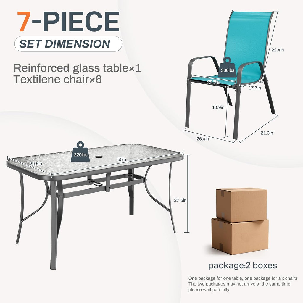 TLSUNNY 7 Pieces Patio Dining Set, Outdoor Table and Chairs W/1.69″ Umbrella Hole, 30'X 55' Table and Stackable Textilene Chair, All Weather Patio Furniture Set (Umbrella not Included)