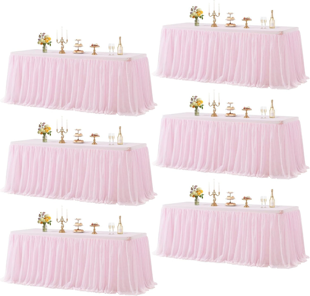 Wish Care 6 Pack Pink Tulle Tablecloth for 6 Foot Rectangle Tables Ruffle Stretch Fitted Table Cloths Wrinkle Free Table Cover with Tutu Skirt for Party Wedding Girls Birthday Baby Bridal Shower Cake