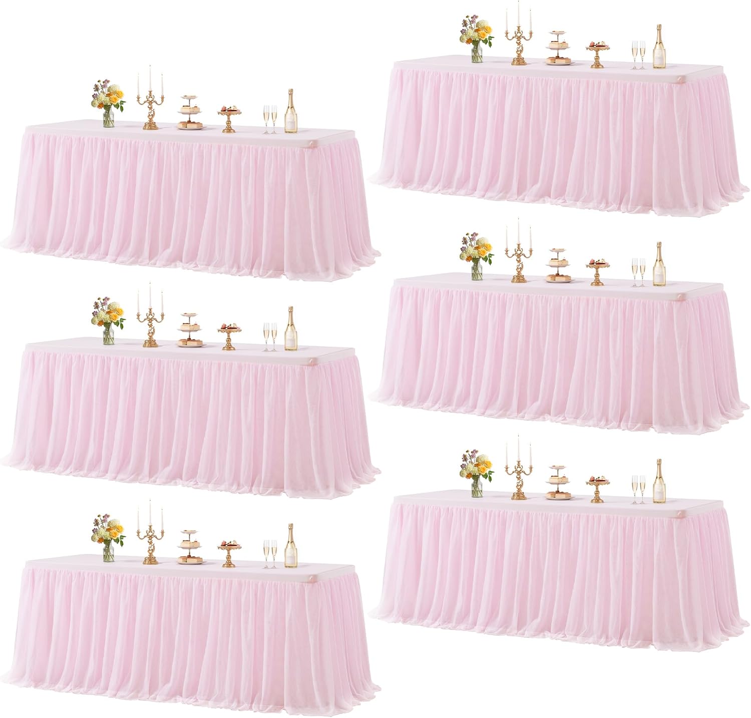 Wish Care 6 Pack Pink Tulle Tablecloth for 6 Foot Rectangle Tables Ruffle Stretch Fitted Table Cloths Wrinkle Free Table Cover with Tutu Skirt for Party Wedding Girls Birthday Baby Bridal Shower Cake