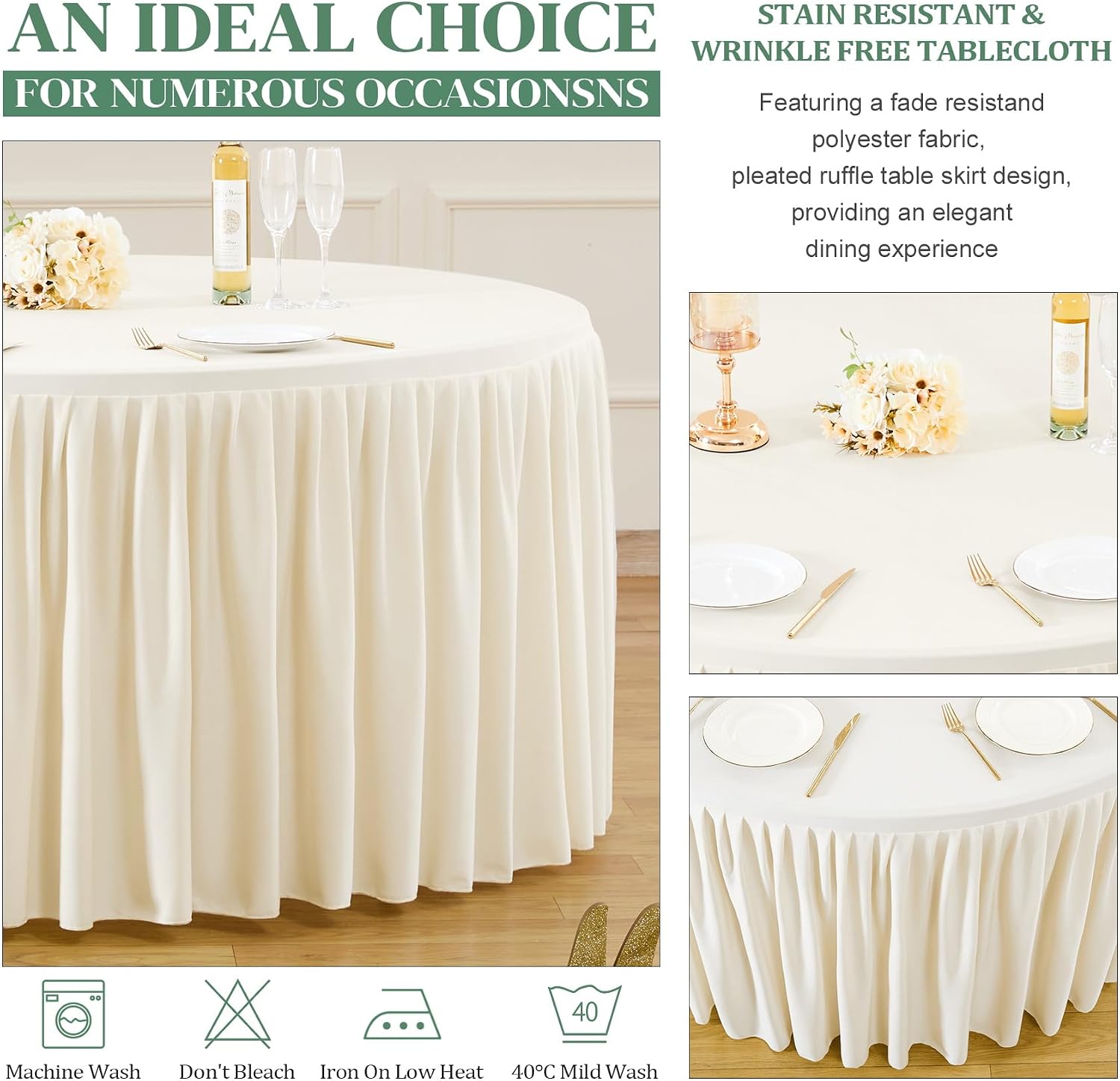 6 Pack Ivory Spandex Round Tablecloths for 48 inch Tables, Stretchy Fitted 4FT Round Table Clothes,Wrinkle Free Table Cover with Skirt for Wedding Party Dining Banquet Graduation Decorations