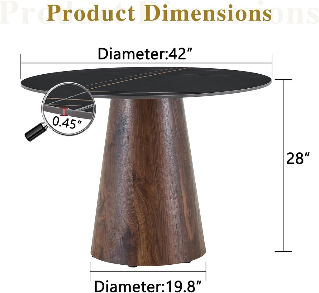 Faux Marble Round Dining Table for 4/5/6, 42' Modern Round Kitchen Table with Black Sintered Stone Top and Walnut Stable Pedestal for Apartment,Restaurant,Small Space