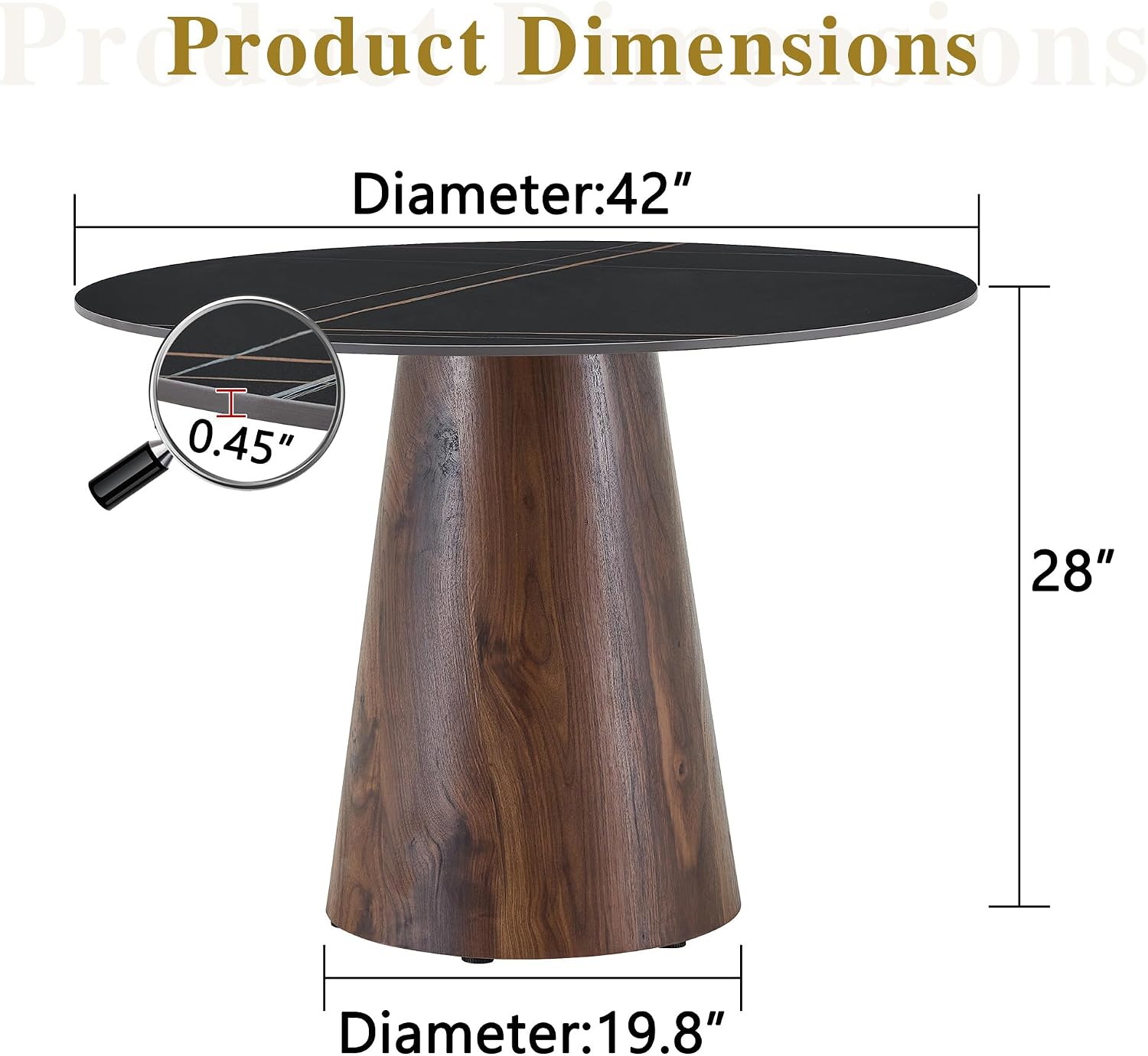 Faux Marble Round Dining Table for 4/5/6, 42' Modern Round Kitchen Table with Black Sintered Stone Top and Walnut Stable Pedestal for Apartment,Restaurant,Small Space
