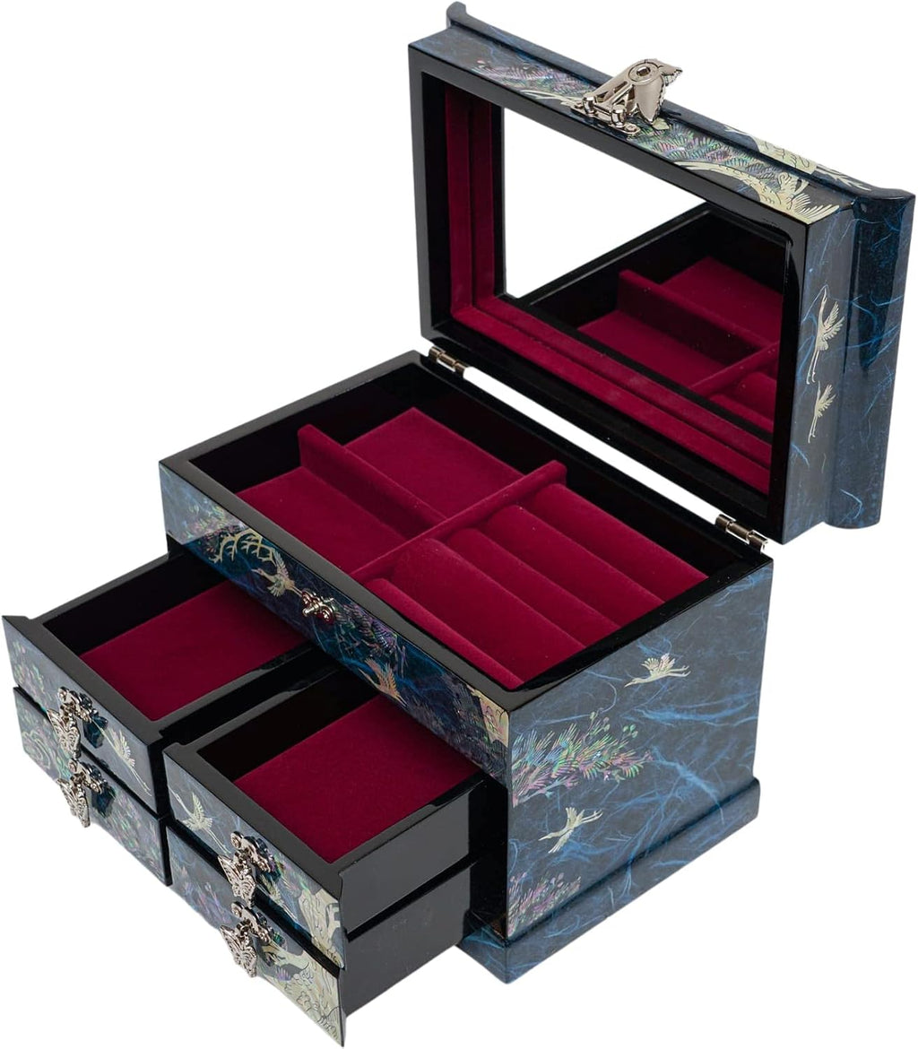 February Mountain Mother of Pearl Wooden Jewelry Organizer Box – Jewelry Storage Box for Women, Features Spacious Drawers, Ideal for Rings, Bracelets, Watches, Chains, Accessories (Crane_Blue)