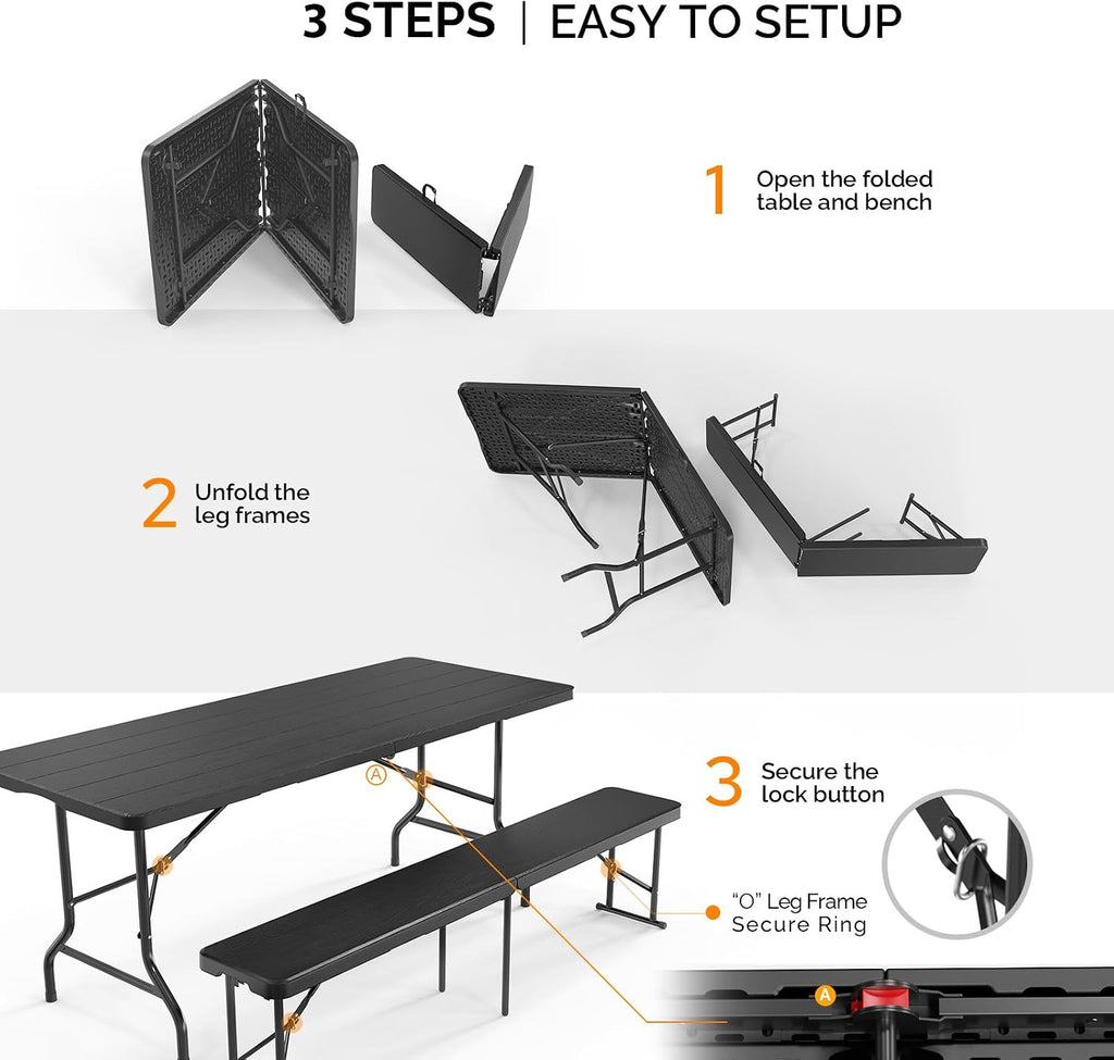 Bonnlo Black Folding Picnic Table Set with 2 Benches, 6 Feet Camping Table Chair Set, Modern Portable 3-Piece Furniture for Indoor/Outdoor Use, White Folding Picnic Table with Smooth Tabletop