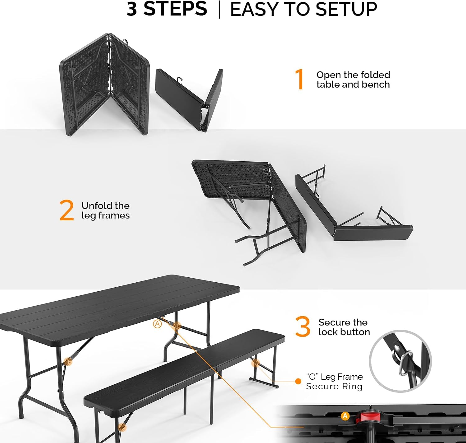 Bonnlo Black Folding Picnic Table Set with 2 Benches, 6 Feet Camping Table Chair Set, Modern Portable 3-Piece Furniture for Indoor/Outdoor Use, White Folding Picnic Table with Smooth Tabletop