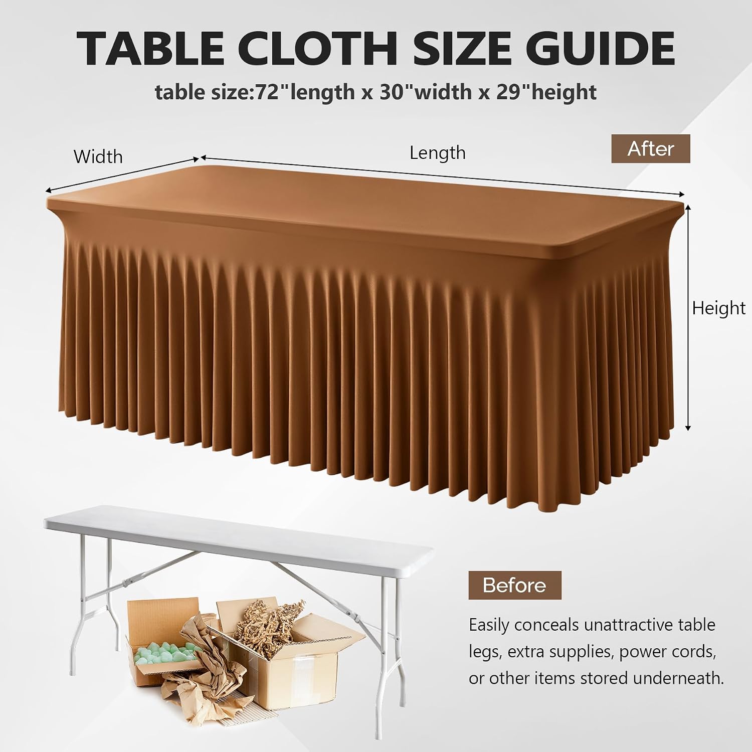 Wish Care 6 Pack Brown Spandex Table Clothes for 8 Foot Rectangle Tables, 8FT Wrinkle Free Fitted Tablecloths Ruffles Design Table Cover for Party, Banquet, Wedding and Events
