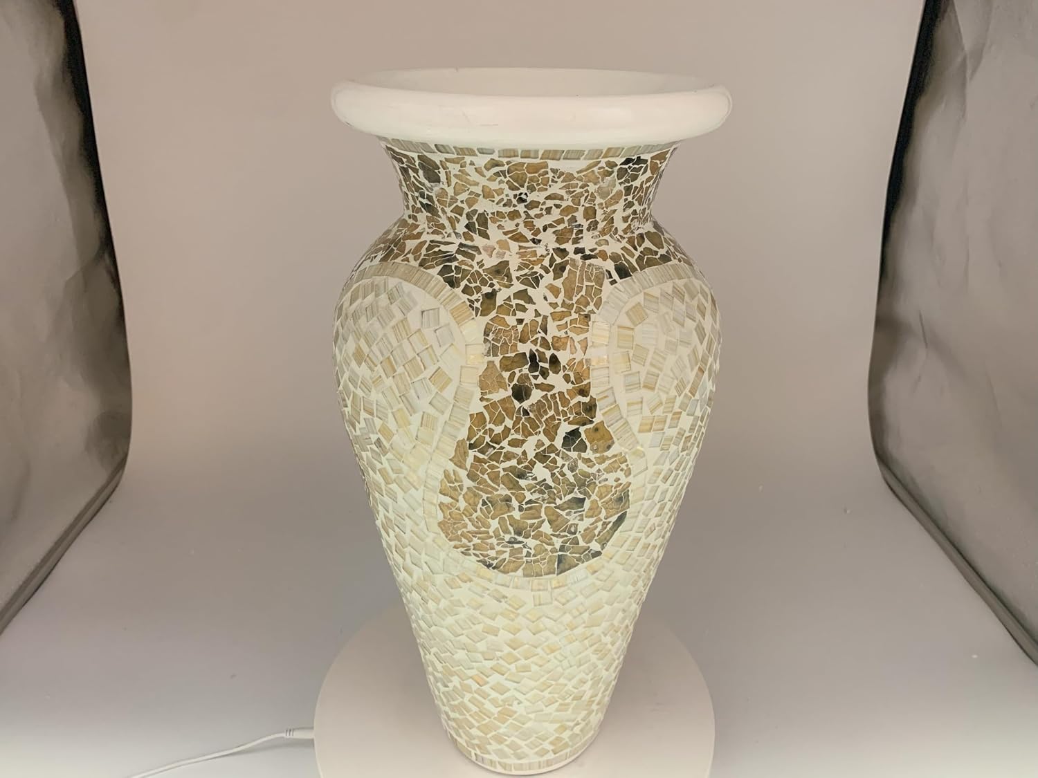 Floor Vase, 18 Inch Mosaic Vase – Tall Cylinder Made of Terracotta with Light Caramel and White Glass Mosaic Pieces – Handcrafted Decorative Home Décor Accent Piece for Bedroom, Living Room