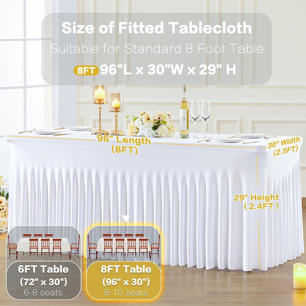 gogoparti 6 Pack Spandex White Fitted Table Cloth for 8ft Rectangle Tables White Stretch Tablecloth Table Covers Skirt Banquet Wrinkle Free Tablecloths for Parties Wedding