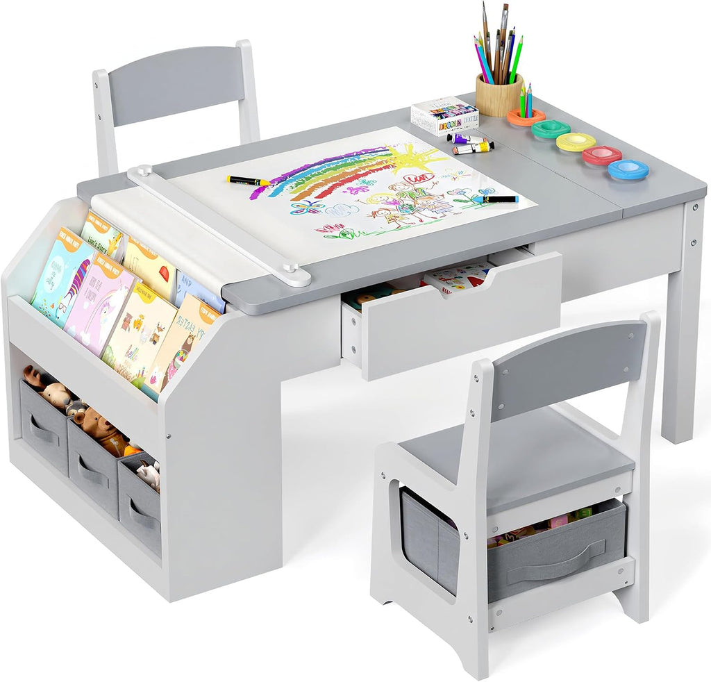 5-in-1 Kids Art Table and Chairs, Toddler Table and Chair Set, Craft Play Desk for Kids, Convertible Art Easel with Paper Roll Holder & Storage Drawers, Children Activity Learning Center-Light Grey