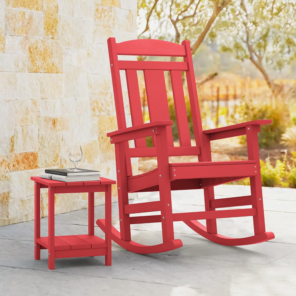LUE BONA Rocking Chair Outdoor, Weather Resistant Poly Plastic Rocker Chairs, 350lb Heavy Duty, Oversized Porch Rocker for Adult, High Back Smooth Rocking Chairs for Outdoor & Indoor, Bright Red