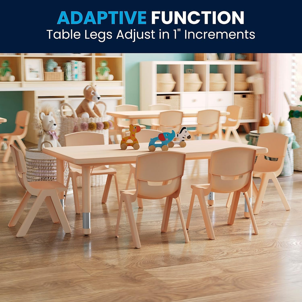 Flash Furniture Adjustable Classroom Activity Table with 6 Stackable Chairs, Rectangular Plastic Activity Table for Kids, 24' W x 48' L, Natural