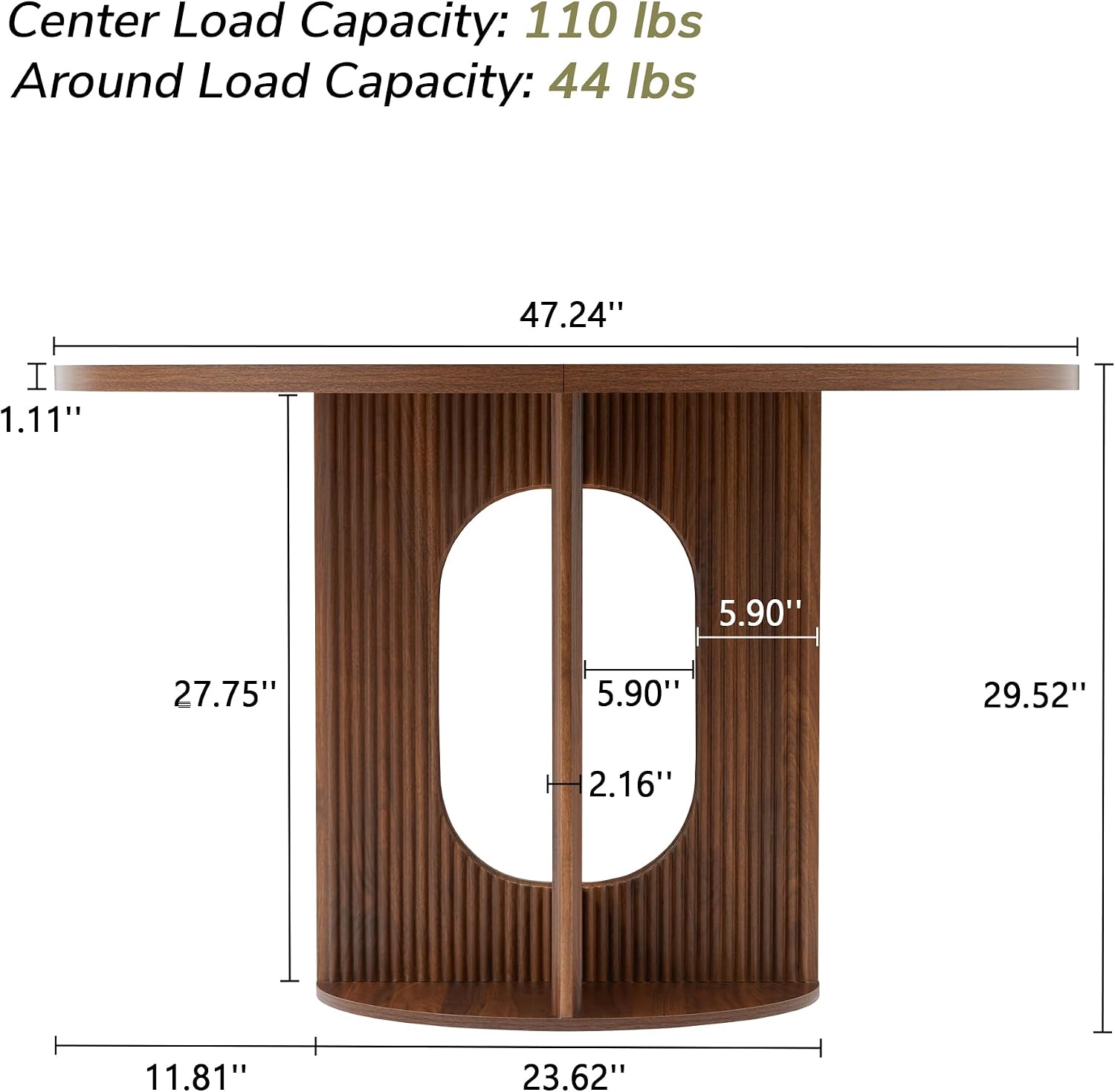 weselon Farmhouse Round Fluted Dining Table for 4, 47 Inch Circle Kitchen Table with Wooden Pedestal Base, Dinner Tables for Home Living Room Kitchen (Walnut)