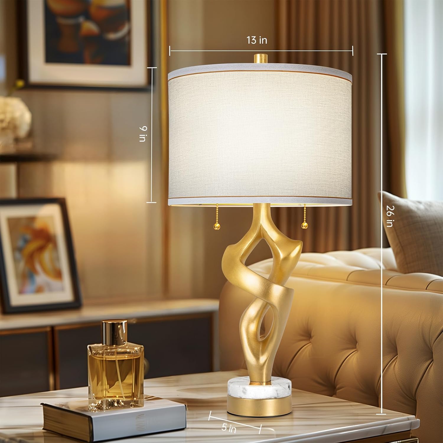 Scenekoy Sculptural Table lamp Set of 2 for Living Room with Marble Base & USB Ports, Gold Leaf Finish Rustic Bedside Lamps with S Cluster Pull Chains Switch, Nightstand Lamp for Office Hotel Bar