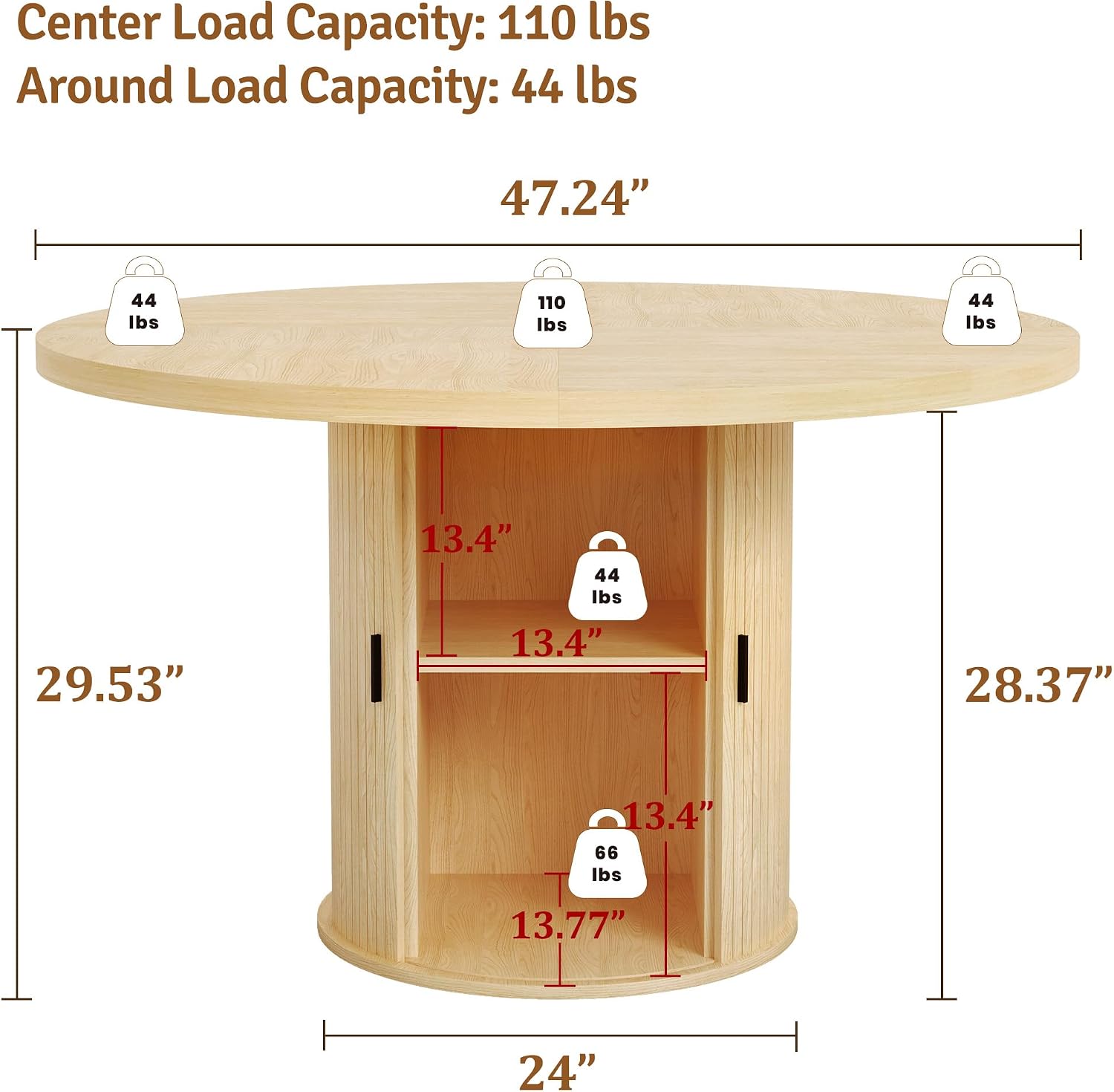 47 inch Round Dining Table for 4-6, Dinner Table with 2-Layer Storage Shelf, Morden Circle Kitchen Table with Wooden Strip Base and Wood Slide Door for Home Dining Room, Living Room, Natural