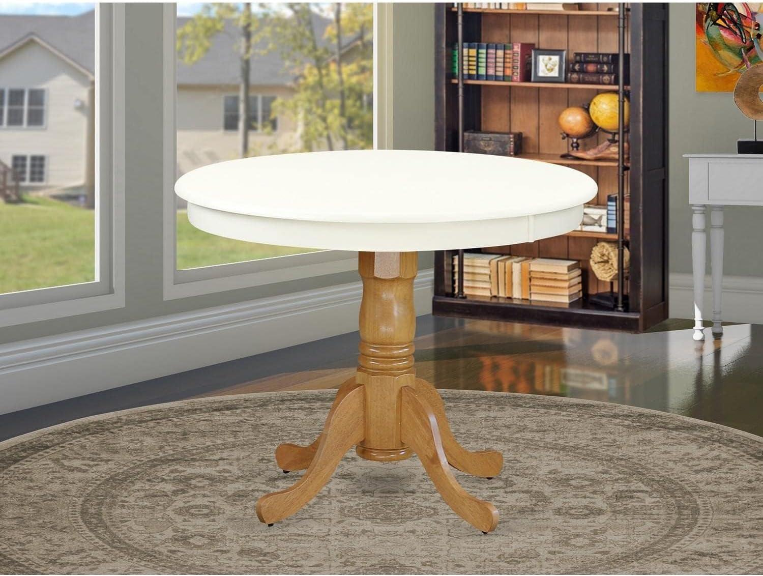 East West Furniture ANT-LOK-TP Antique Mid-Century Modern Dining Table - a Round Dining Table Top with Pedestal Base, 36x36 Inch, Linen White & Oak