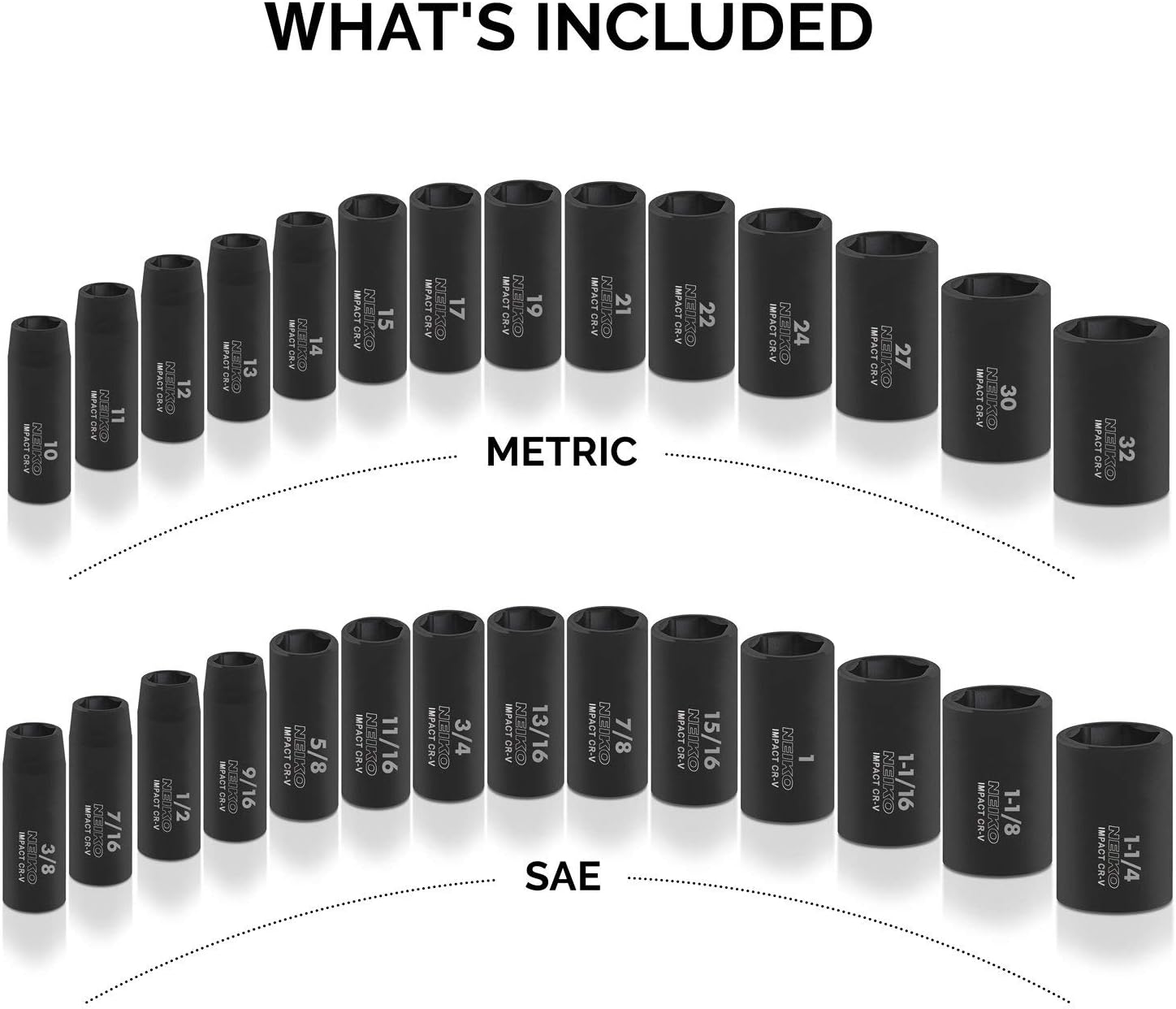 NEIKO 02446A 1/2' Impact Socket Set, 35 Piece, Deep Socket Kit Assortment, Standard SAE (3/8'-1-1/4') and Metric MM (10-32mm) Sizes, Includes Ratchet Handle and Impact Extension Bars