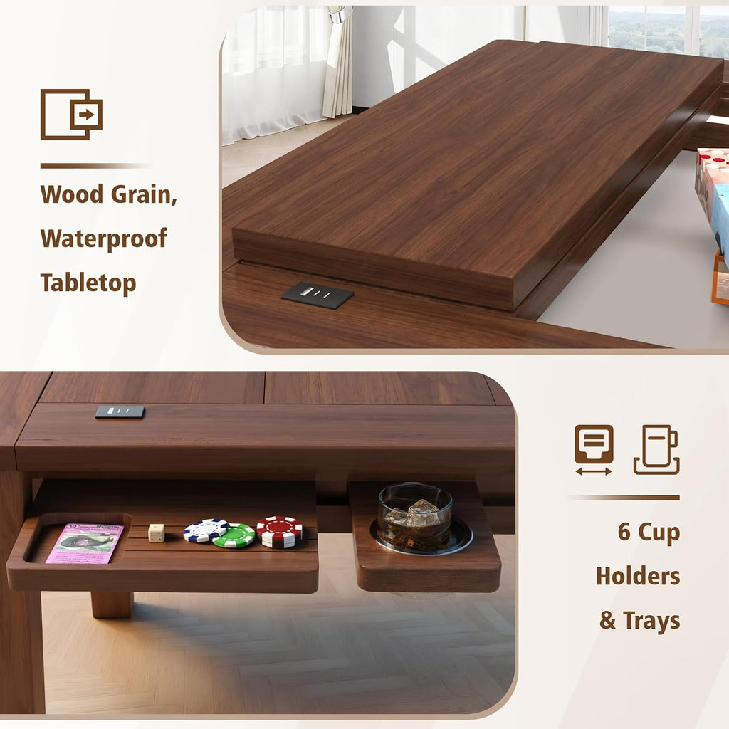 Haddockway Solid Wood Board Game Table with Colorful Led Lights, Dining/Gaming Table for 4-6 Players with Charge Station,Removable Top, Play Mat, 6 Cup Holders & Trays (Warm Walnut)
