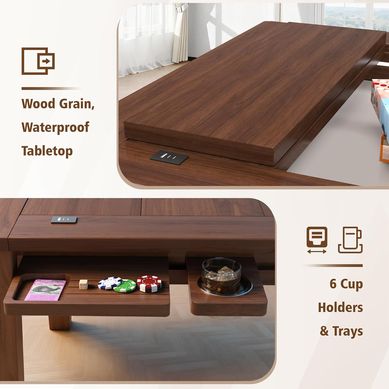 Haddockway Solid Wood Board Game Table with Colorful Led Lights, Dining/Gaming Table for 4-6 Players with Charge Station,Removable Top, Play Mat, 6 Cup Holders & Trays (Warm Walnut)
