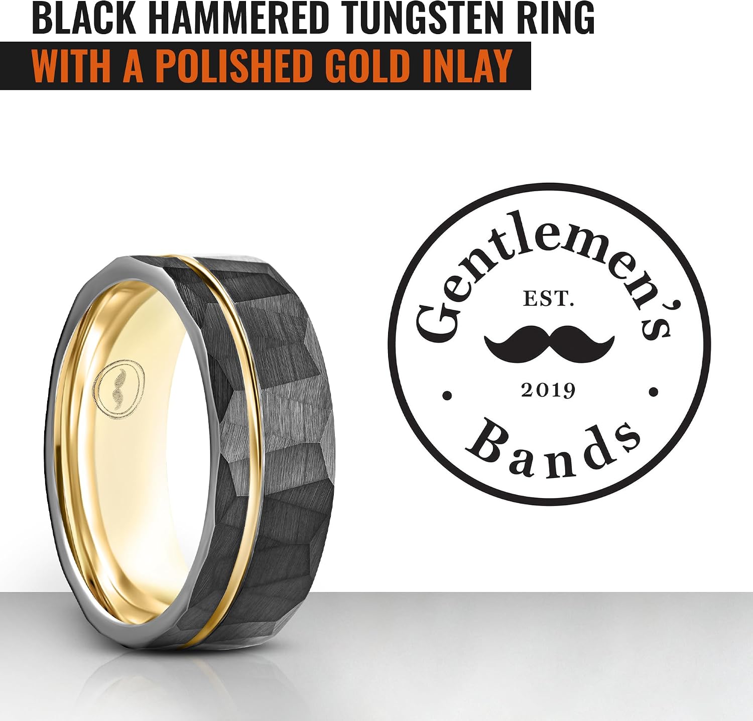 Gentlemen's Bands 8mm Black Hammered Tungsten Men's Wedding Band With Thin Gold Strip and Gold Interior | Engagement, Promise Ring For Men | Includes Silicone Band, Walnut Box, Leather Pouch Set,