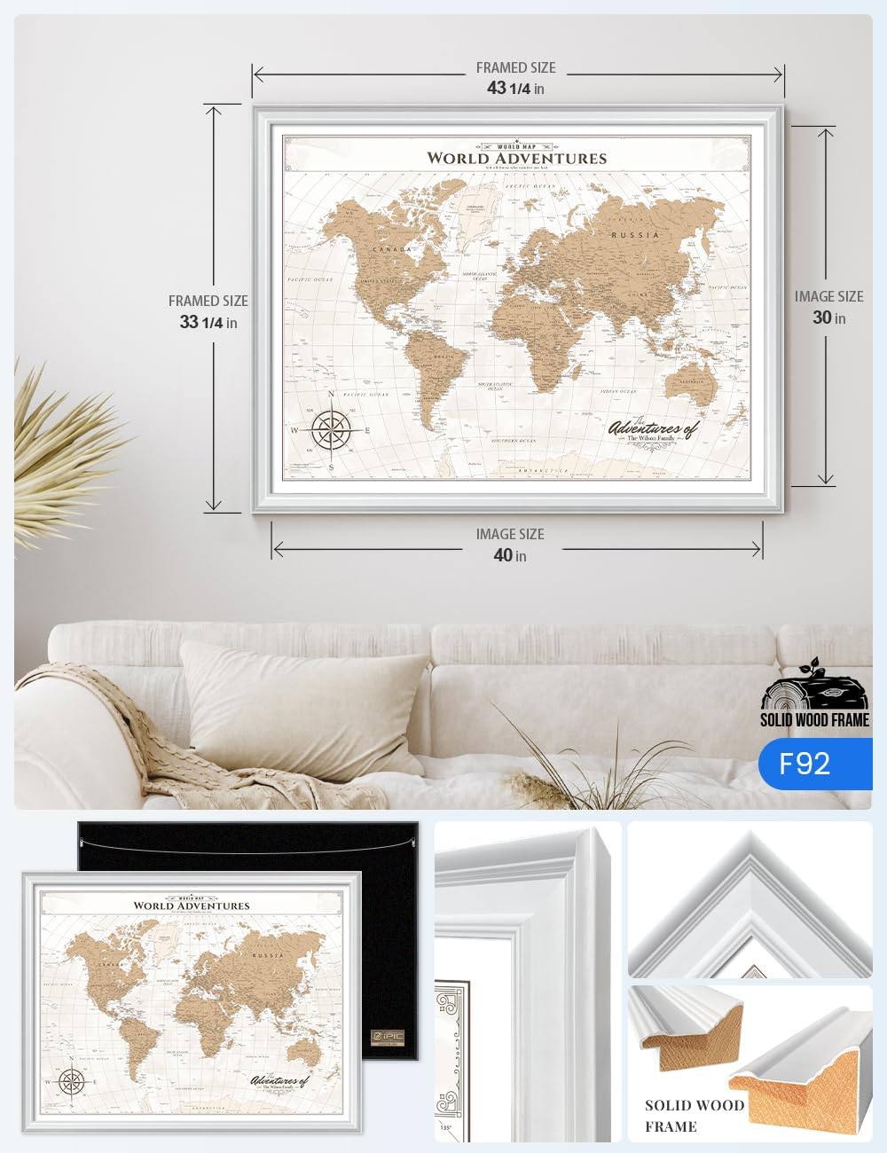 IPIC - Framed Vintage World Map Canvas Wall Art, Personalized Push Pin Travel Map with Name and Message to Track Travels, Oversized Pinnable Wall Decor for Home, Office, Study or RV