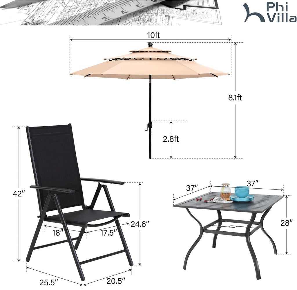 PHI VILLA 6 Piece Outdoor Dining Set with 10FT Umbrella (Beige), Patio Table and Chairs Set with Adjustable Folding Dining Chairs & Metal Square Table for Yard Garden Deck (No Umbrella Base)
