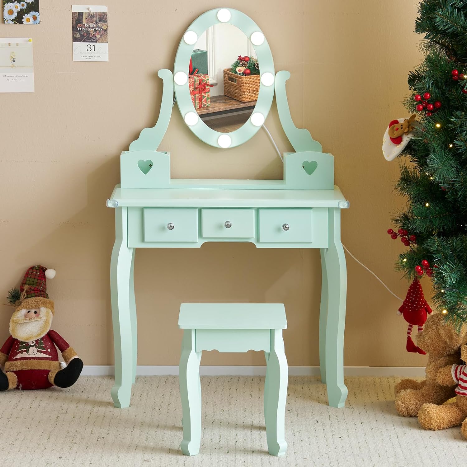 Karl home Kids Vanity Table and Chair Set, Princess MDF Dressing Table with 3-Color LED Lighted Mirror and 3 Drawers, Lovely Waved Design for Toddler's Bedroom and Playroom Decor, Macaroon Green