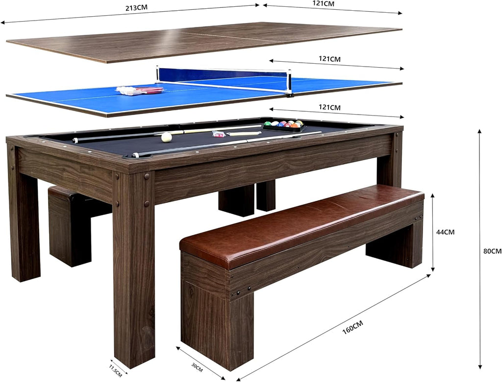 8ft Dining Pool Table Combo with Game Accessories, 3-in-1 Multi-Functional Game Table with Ping Pong & Dining Top & 2 Benches, for Play & Dining