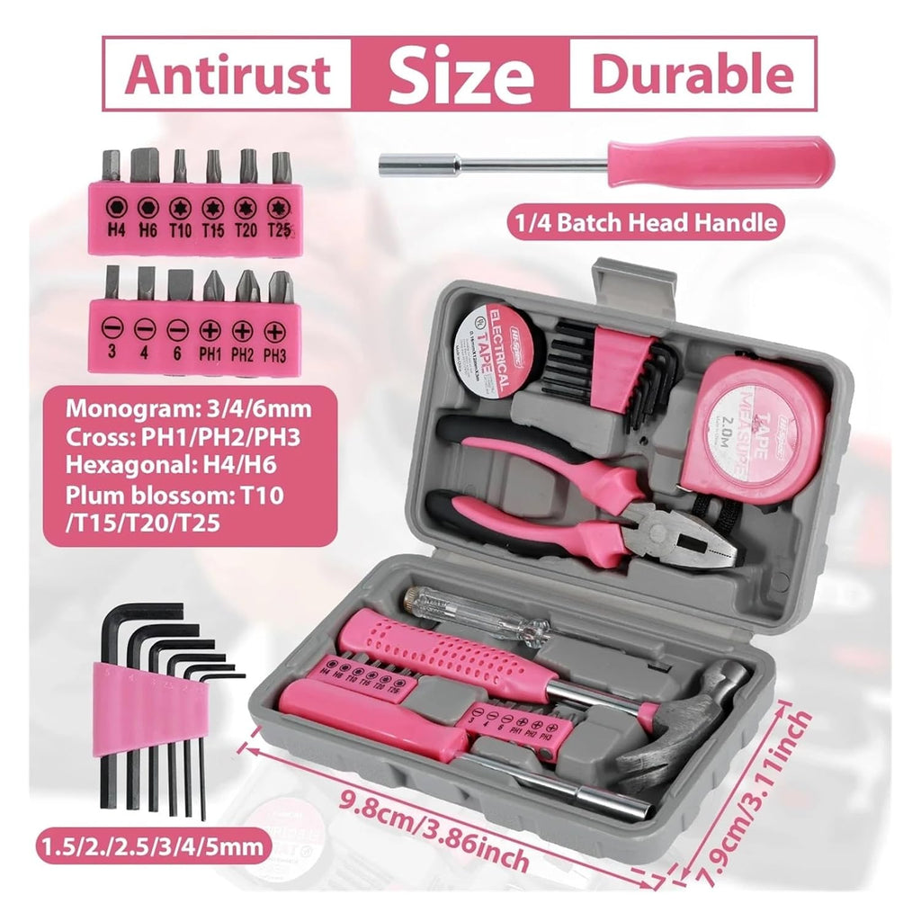 13/24Pcs Household Repair Tool Kit Multi-Purpose Pink Hand Tool Set with Storage Case Durable Hammer and Allen Key Set(13pcs)
