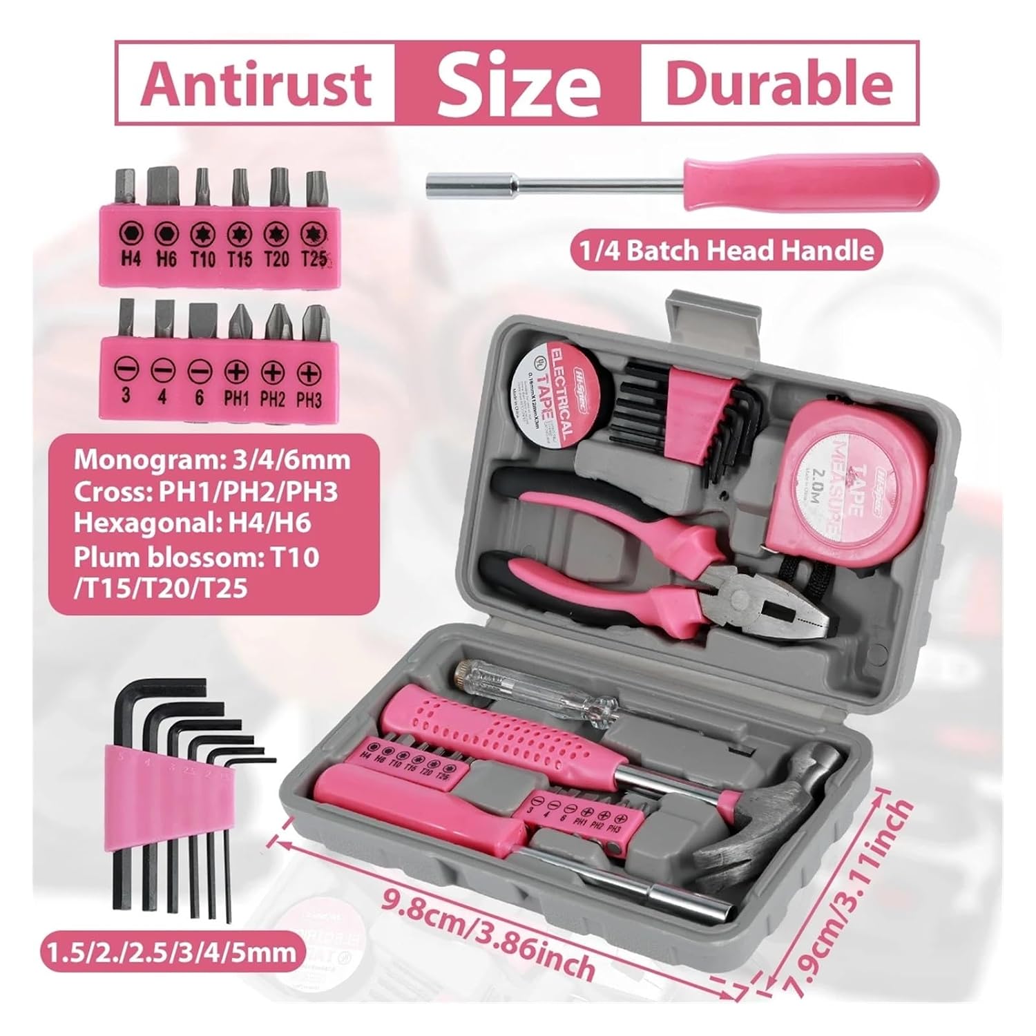 13/24Pcs Household Repair Tool Kit Multi-Purpose Pink Hand Tool Set with Storage Case Durable Hammer and Allen Key Set(13pcs)