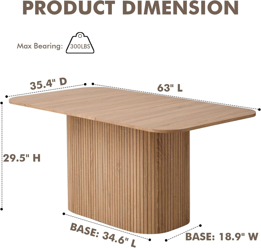 Large 63' Large Dining Table for 4 6, [Rounded Corners] [Grooved Pedestal Base] Modern Rectangle Kitchen Dinner Dining Living Room Table