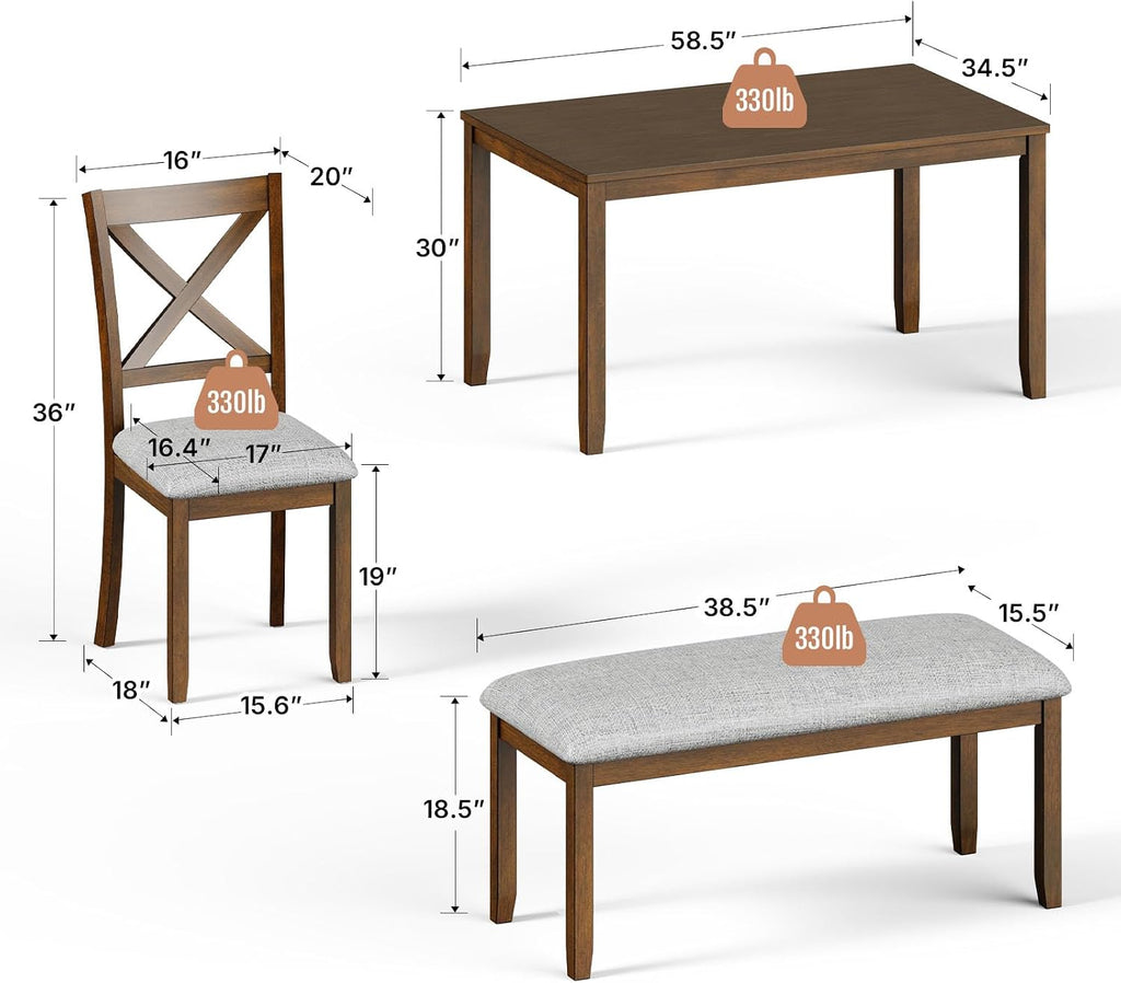 Zevemomo 6-Piece Wooden Dining Table Set, Dining Table Set for 6, Including 1 Dining Table, 4 Upholstered Chairs and 1 Bench, Wooden Legs Dining Table, Table Set for Dining Room & Kitchen, Walnut