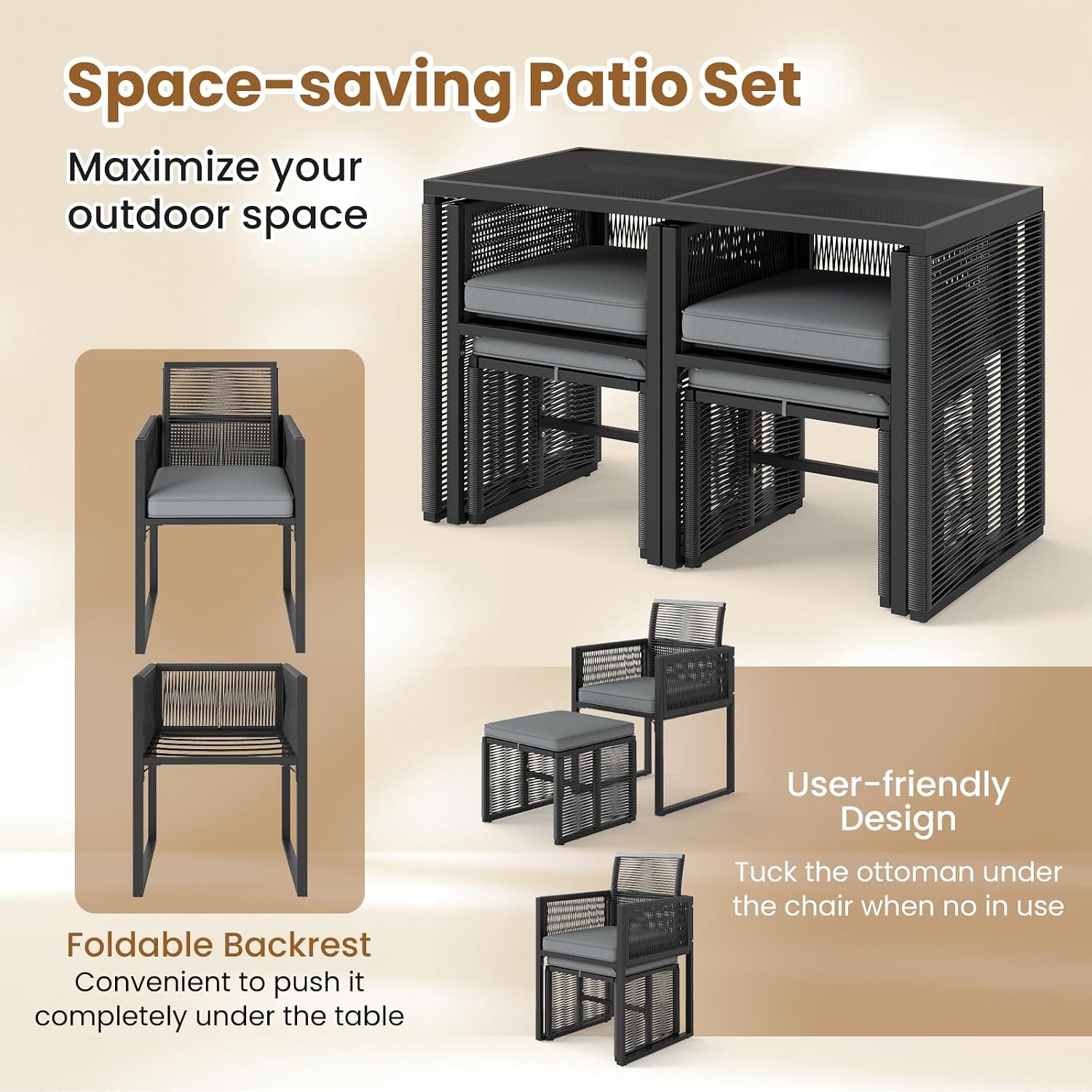 Tangkula 5 Pieces PE Wicker Patio Dining Set, Outdoor Conversation Set with Cushions, Space-Saving Patio Rattan Chair and Tempered Glass Table Set with Ottomans for Garden, Backyard & Poolside