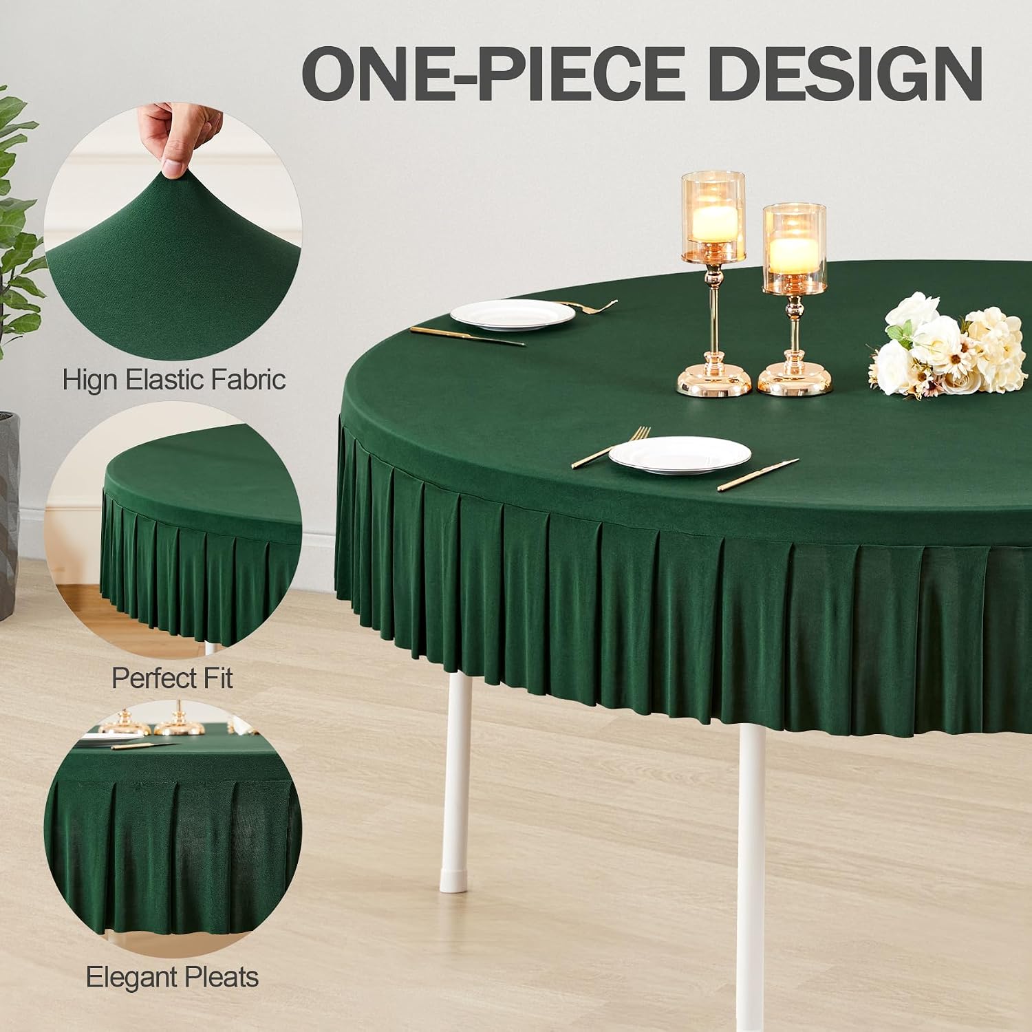 6 Pack 72 inch Green Spandex Round Tablecloths, Stretchy Fitted 6FT Round Table Cloths Wrinkle Free Table Covers with Skirt for Christmas Wedding Banquet Birthday Party
