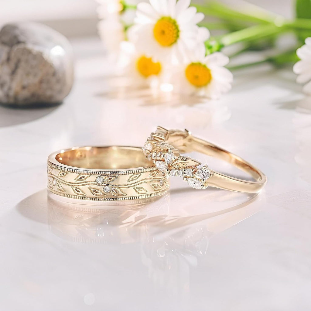 SISGEM Moissanite Couple Rings Set, 10K 14K 18K Solid Gold Moissanite Wedding Rings for Him And Her, Vintage Leaf/Branch Wedding Bands Matching Couple Rings Anniversary Jewelry Gift for Women And Men