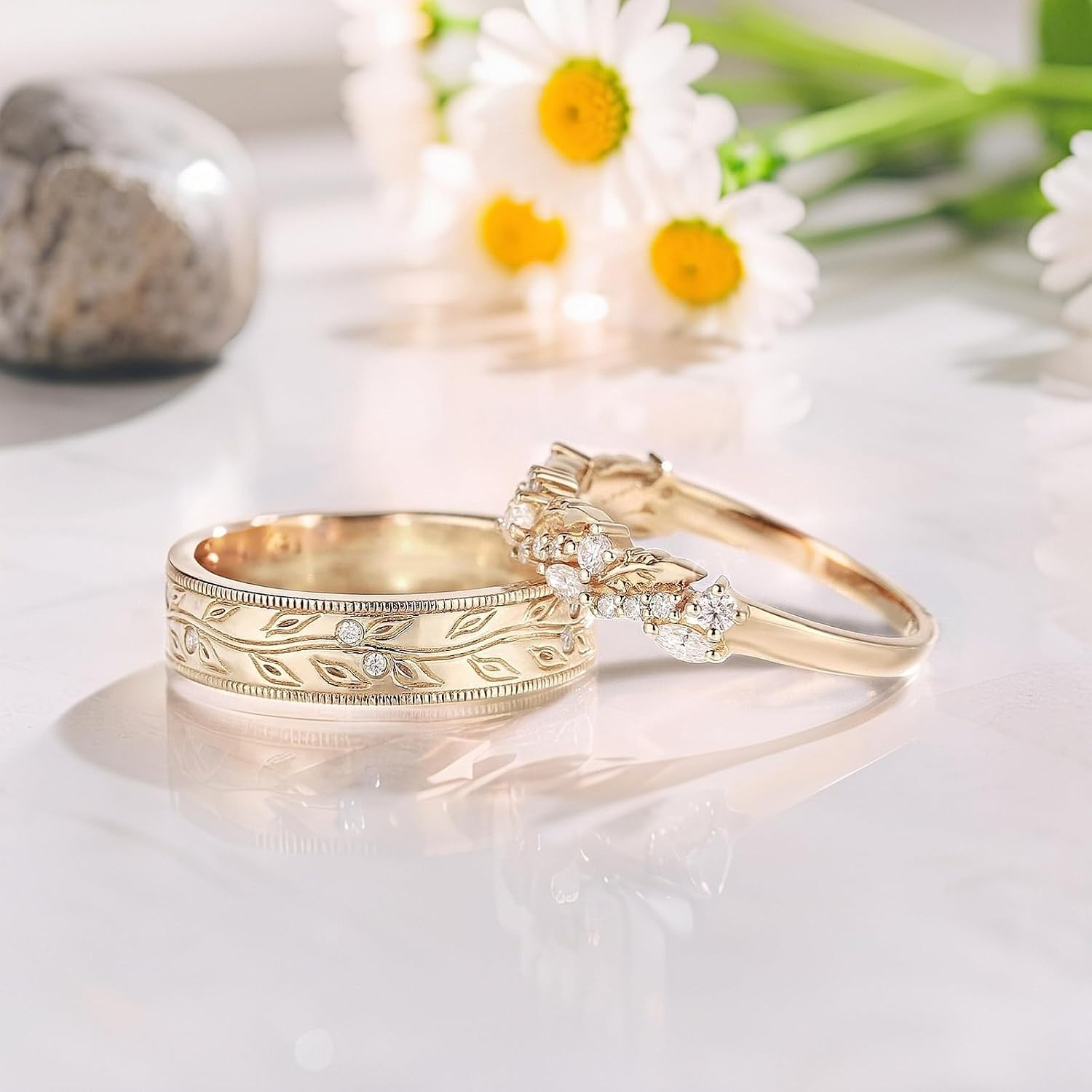 SISGEM Moissanite Couple Rings Set, 10K 14K 18K Solid Gold Moissanite Wedding Rings for Him And Her, Vintage Leaf/Branch Wedding Bands Matching Couple Rings Anniversary Jewelry Gift for Women And Men